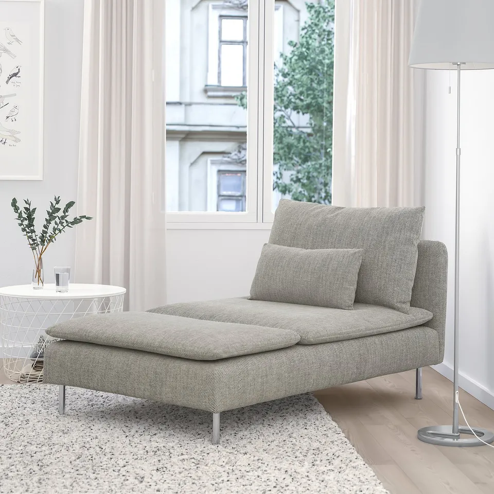 Modern grey SÖDERHAMN chaise longue near window, sleek and comfy, fits well in bright room.