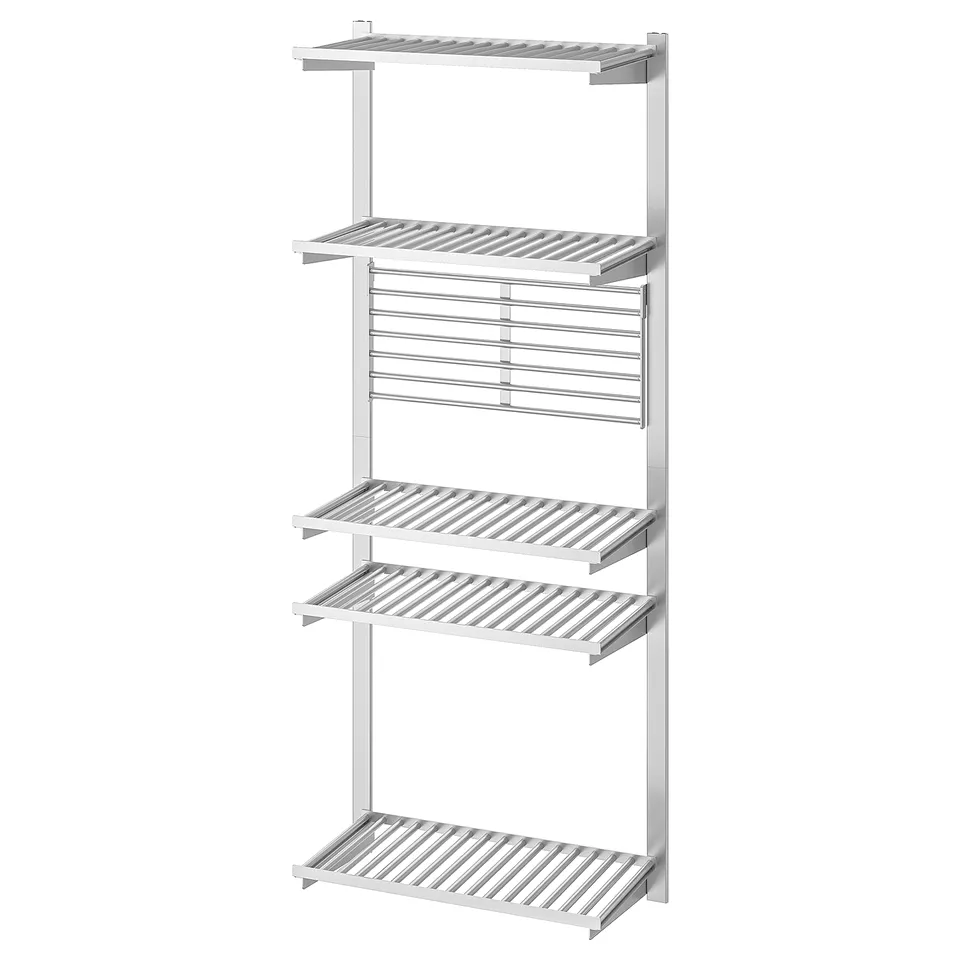 KUNGSFORS silver metal kitchen rack with multiple shelves and hooks.