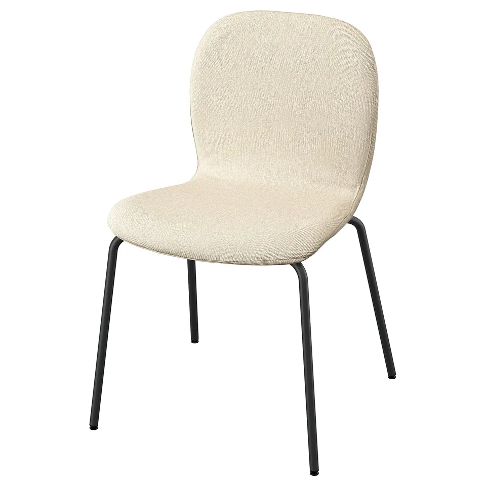 SKÅLSTA chair, beige, fabric, curved shape, metal legs, minimalist design.
