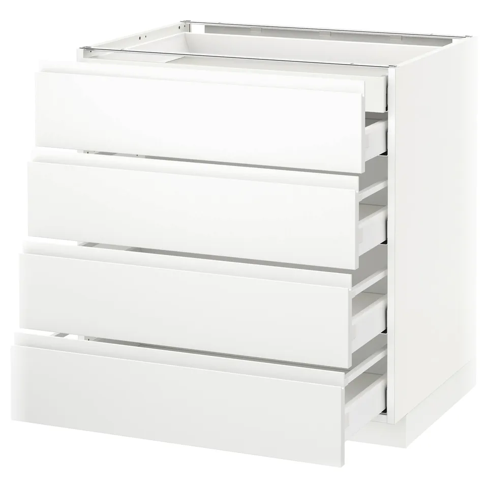 A white METOD kitchen cabinet with five drawers. It a minimalist design with handle-less, matte white fronts. The cabinet is rectangular and modern.