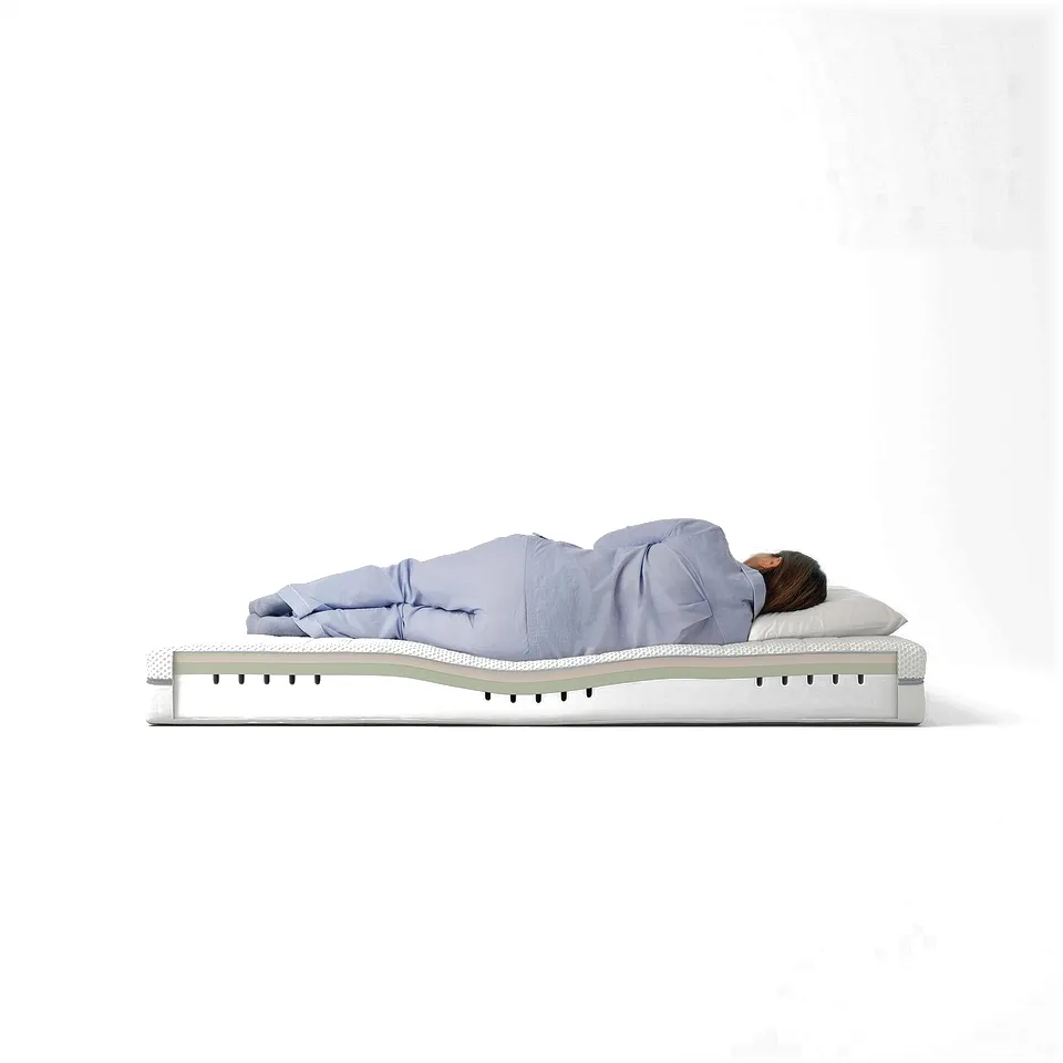A person sleeps on a blue ÅKREHAMN mattress, which is white with side handles, featuring three comfort layers.