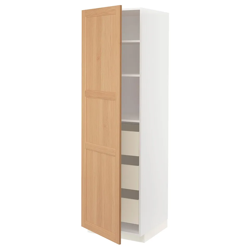 A white METOD kitchen cabinet with a light brown wooden door, featuring multiple shelves inside.