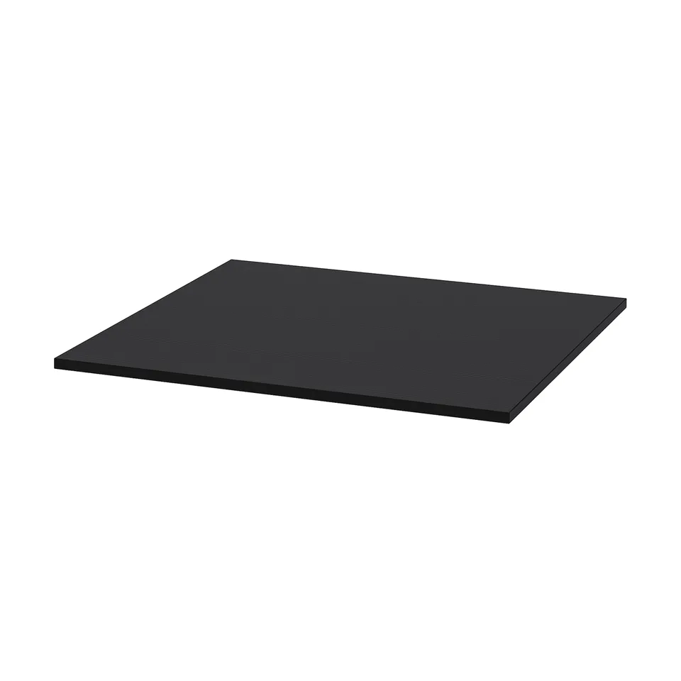 A black sansberg table top. It is rectangular, flat, and made of particleboard covered with melamine foil. The edges are finished with plastic edging.