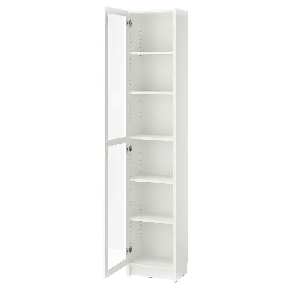 White BILLY tall storage cabinet with glass doors and adjustable shelves.