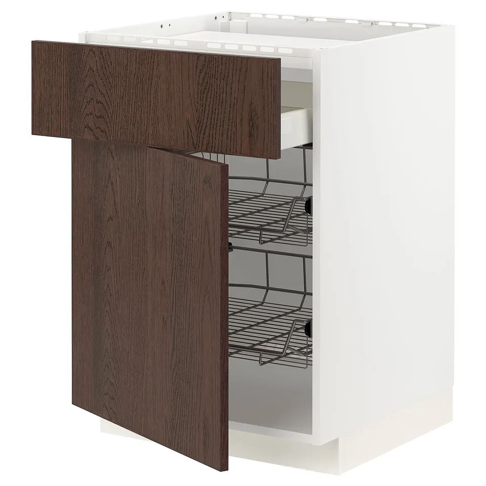 A modern kitchen cabinet with a dark brown wooden front, smooth-running wire baskets, and a white base.