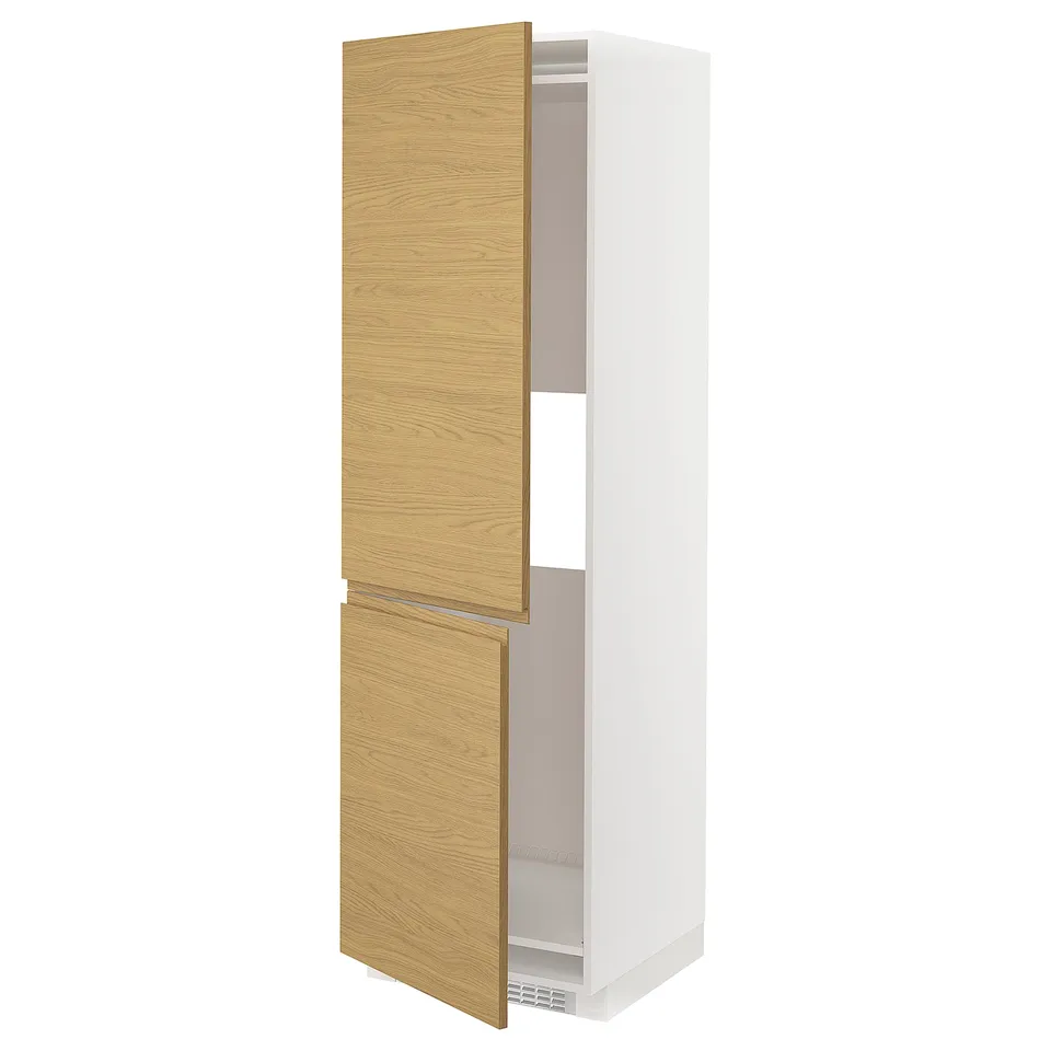 White and oak cabinet with open door, modern design.
