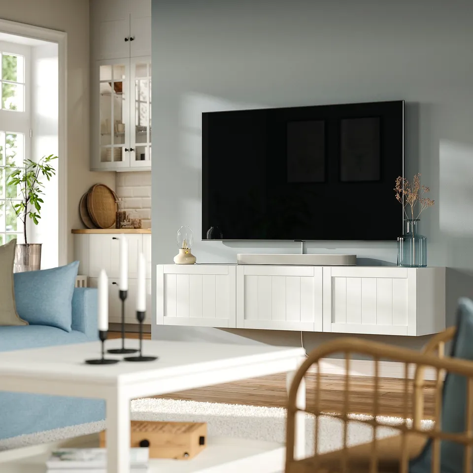 BESTÅ TV bench with doors, white/Pipmakare white, 180x42x38 cm