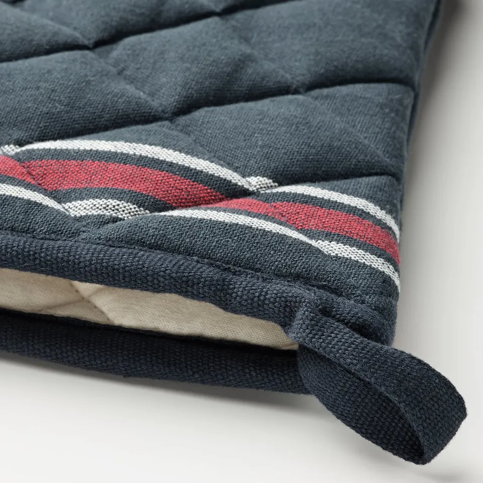 Dark blue striped oven mitt with red/white stripes and ribbed texture.