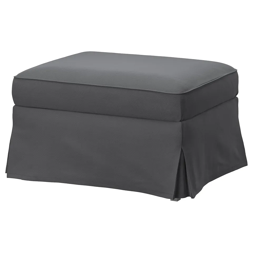 Grey EKTORP footstool with cushioned seat, storage, polyester fabric.