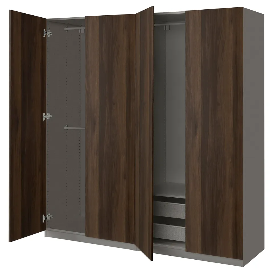 Open wooden wardrobe with dark brown doors and grey interior. Shelves, hanging rail, and mesh basket.