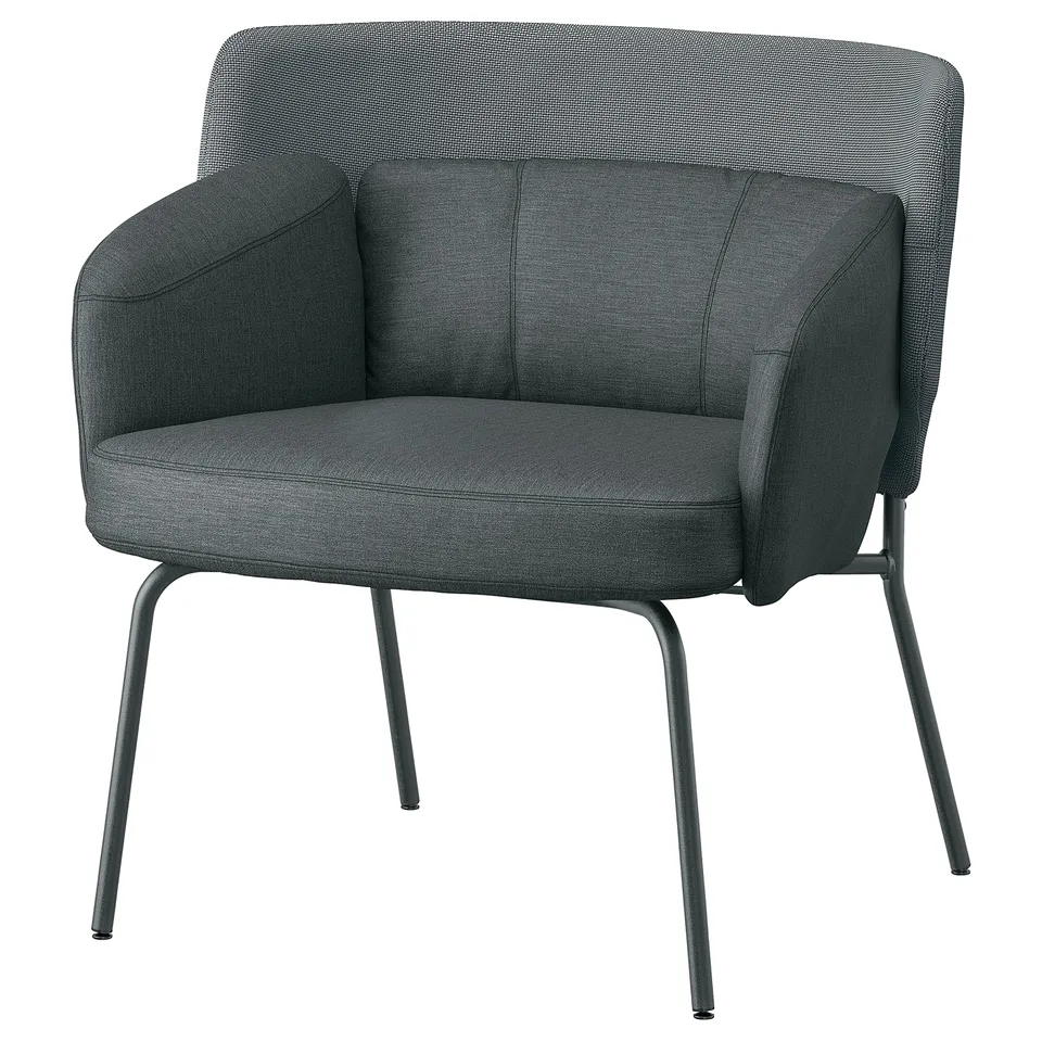 BINGSTA grey armchair, soft fabric, metal legs, curved back, cosy design.