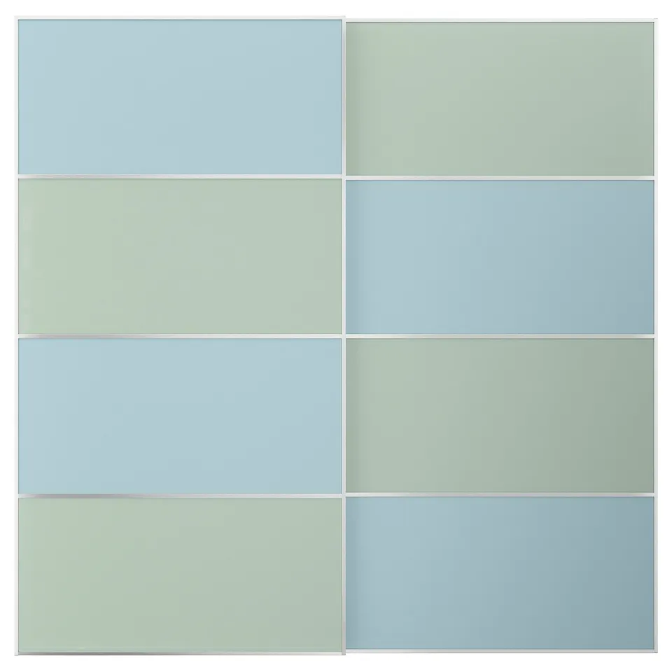 MEHAMN sliding doors: light blue & green panels, aluminium frame, square/rectangle shape, two-tone design.