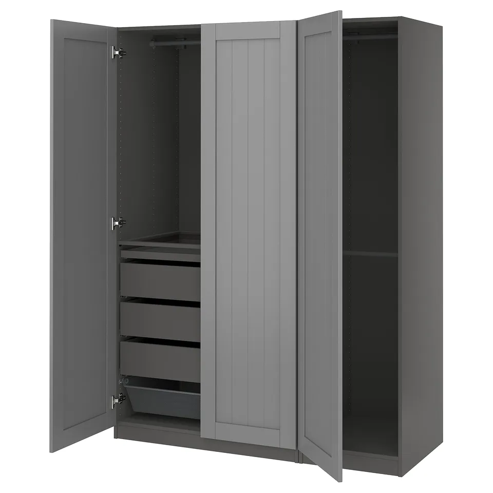 PAX wardrobe: grey, wooden, 3-door, 2 shelves, 2 drawers, mesh basket, wall-mounted.
