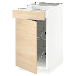METOD / MAXIMERA base cab w wire basket/drawer/door, white/Askersund light ash effect, Width 40 x Depth 61.8 cm