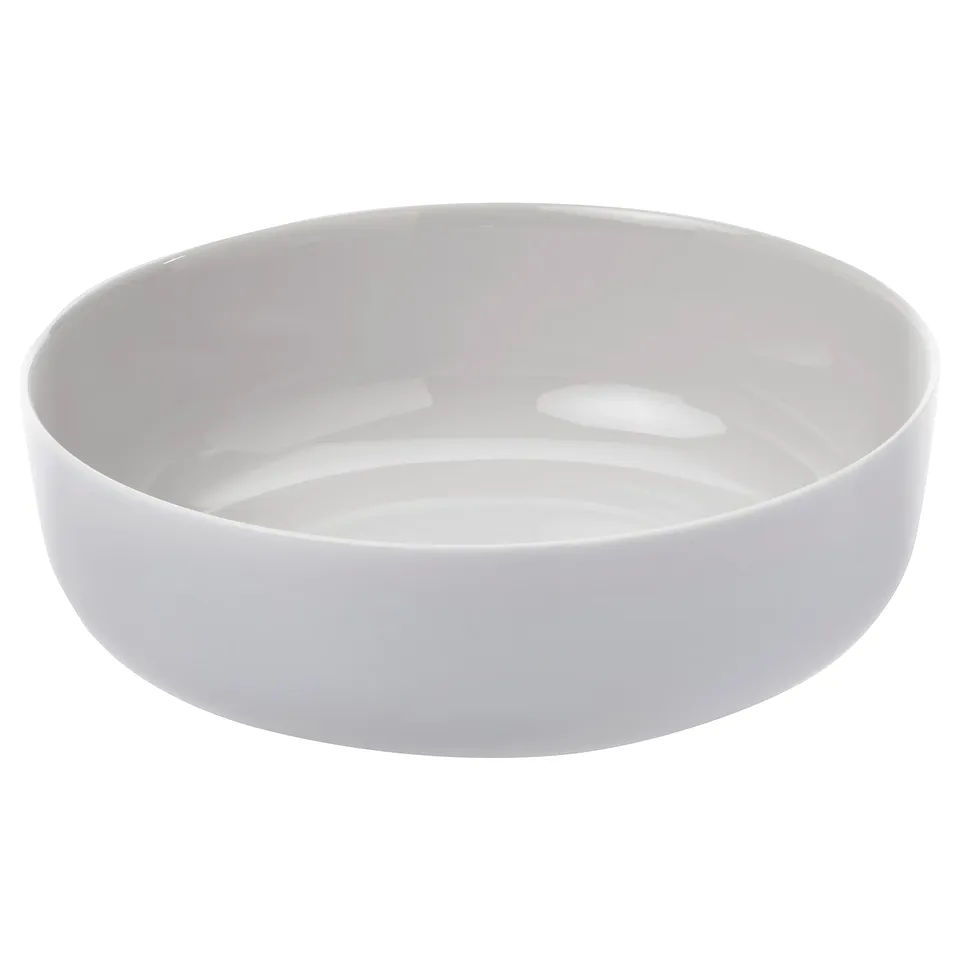 Round white glass serving bowl, sleek and smooth design.