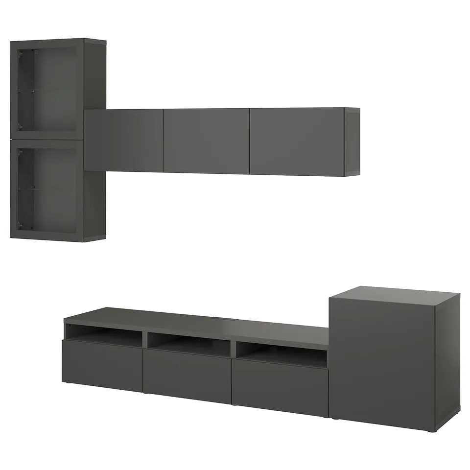 Modern grey BESTÅ tv unit with shelves and drawers, sleek design for organised electronics.