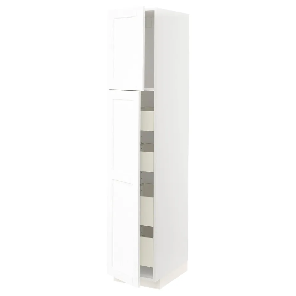 White METOD kitchen cabinet with grain texture, tall and rectangular, featuring grey hinges and adjustable shelves, sleek and modern design.