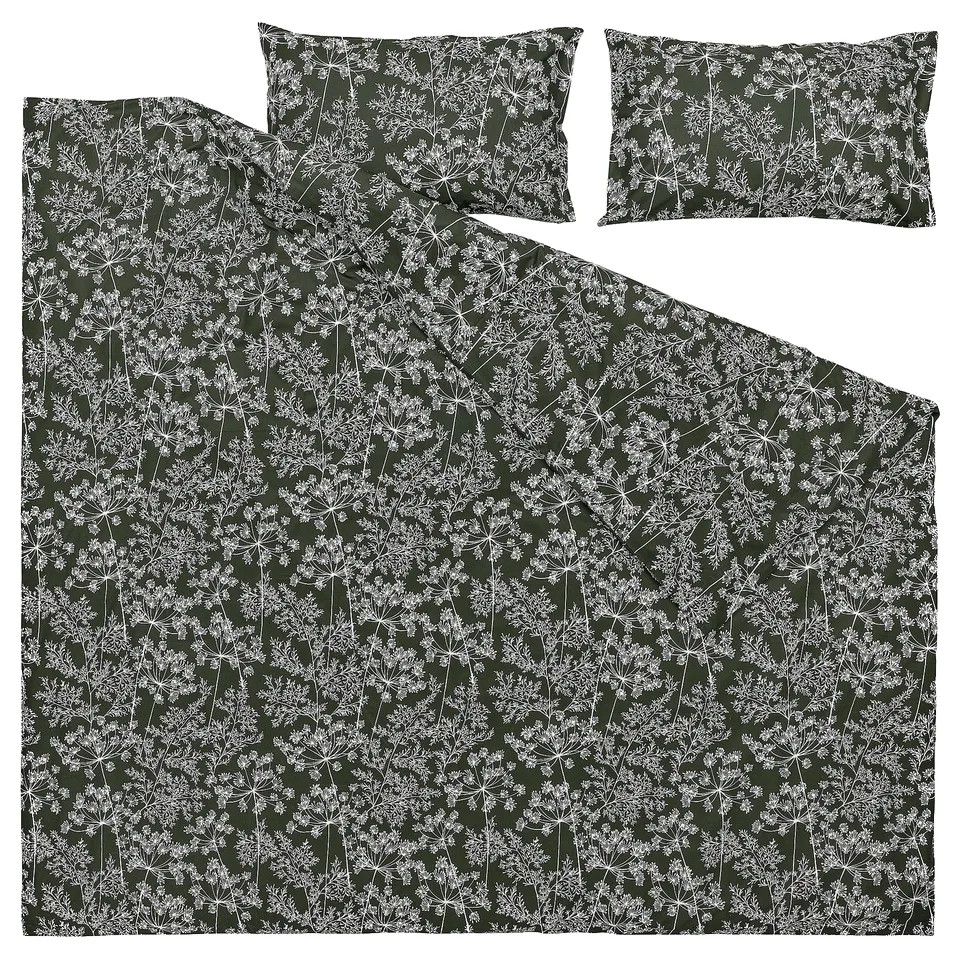 DAGGBJÖRNBÄR Duvet cover and 2 pillowcases, dark green/floral pattern, 240x220/50x80 cm