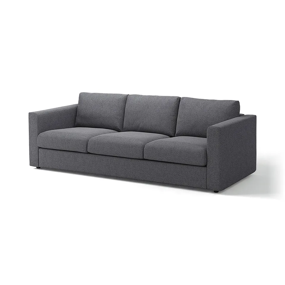 Grey VIMLE sofa; modern design; three cushions; medium size.