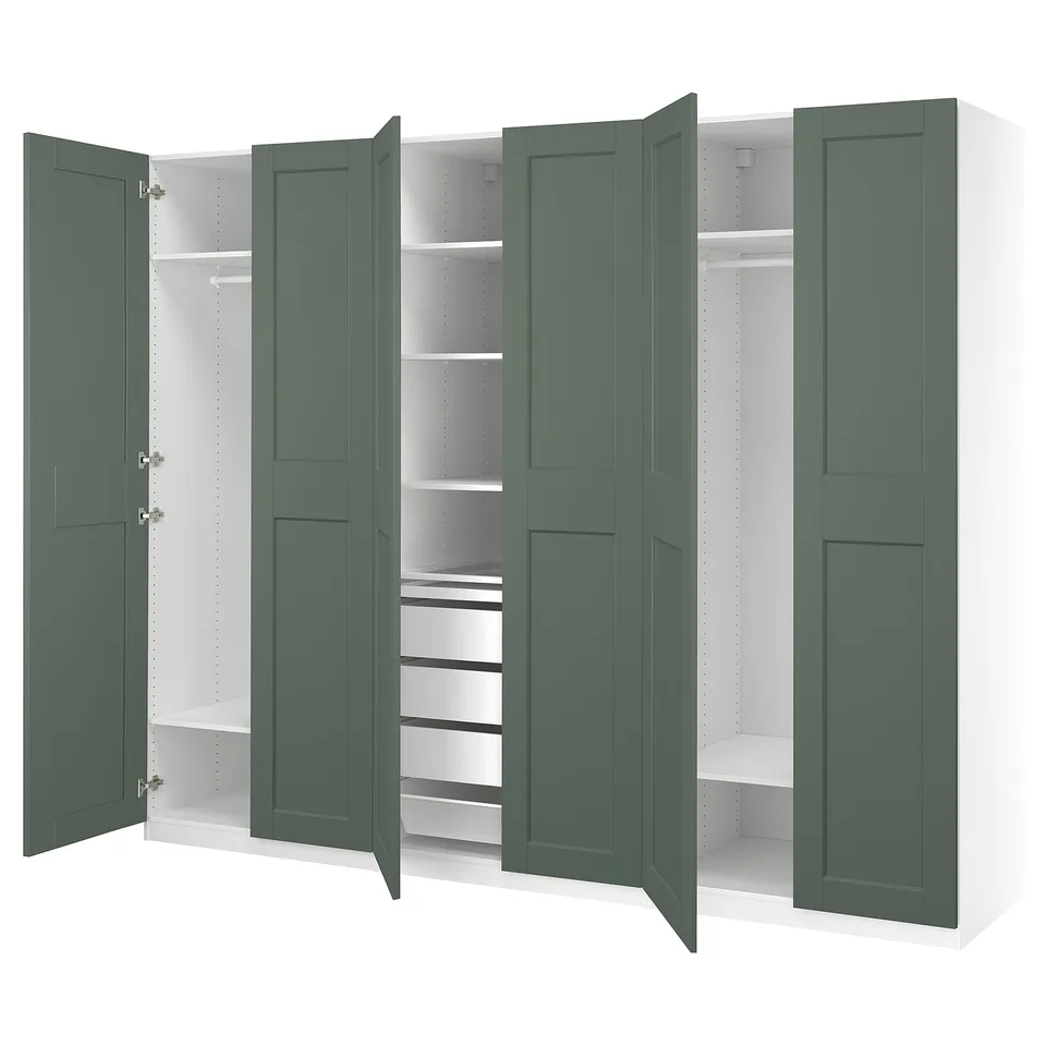 An open teal-colored PAX wardrobe with multiple shelves and compartments.