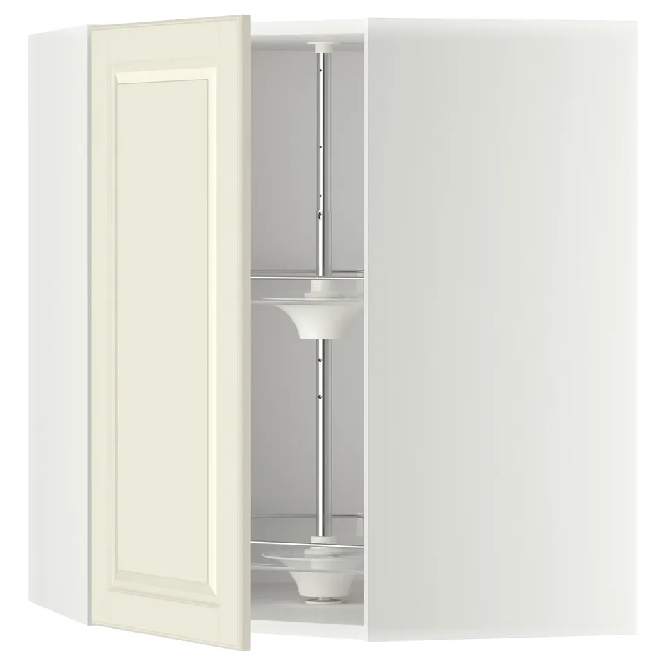 METOD off-white cabinet, open, with rotating glass shelves.