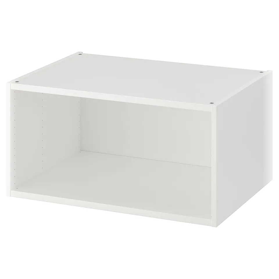 White PLATSA open storage cube, minimalist design, rectangular shape, made of particleboard and plastic edging.