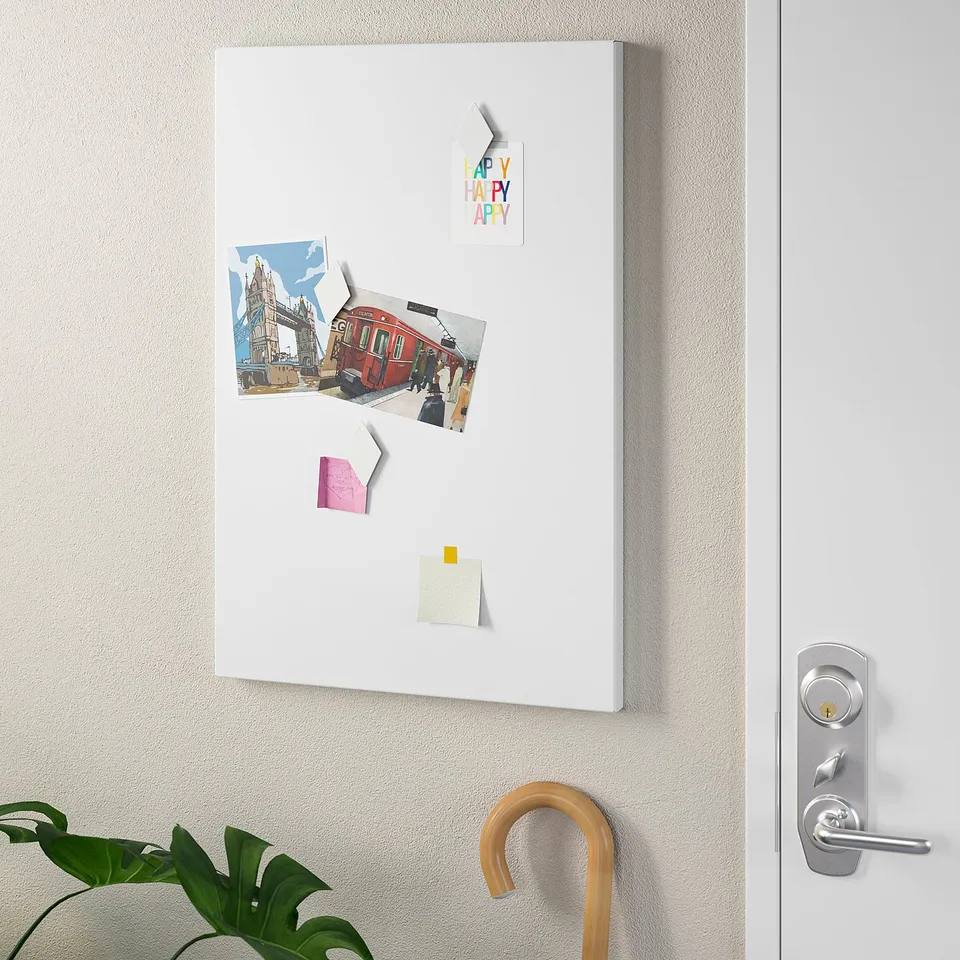 Magnetic memo board with notes, photos, and postcard. Cane leans right, plant left.
