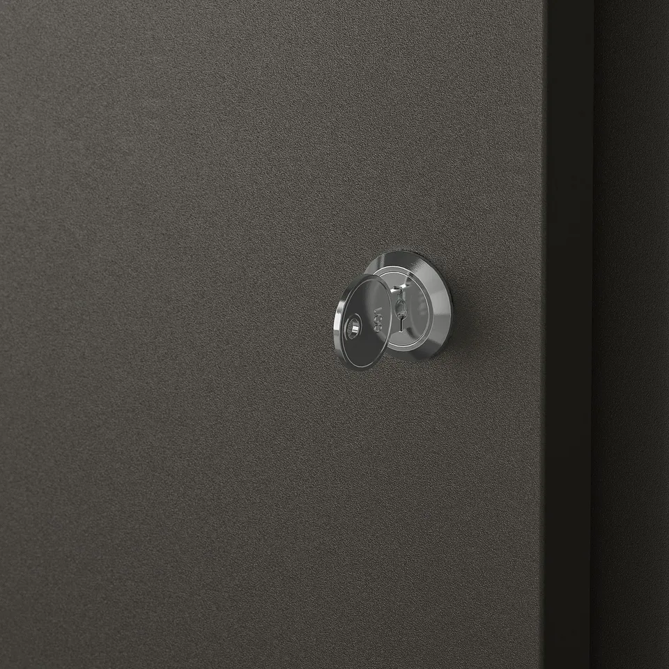Close-up of a sleek, modern black door with a stylish, silver, round lock.