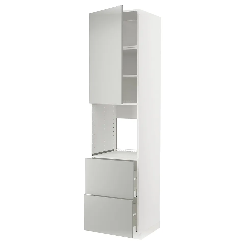 A METOD kitchen unit in light grey with drawers and shelves. Its tall, rectangular, and modern with a clean design.