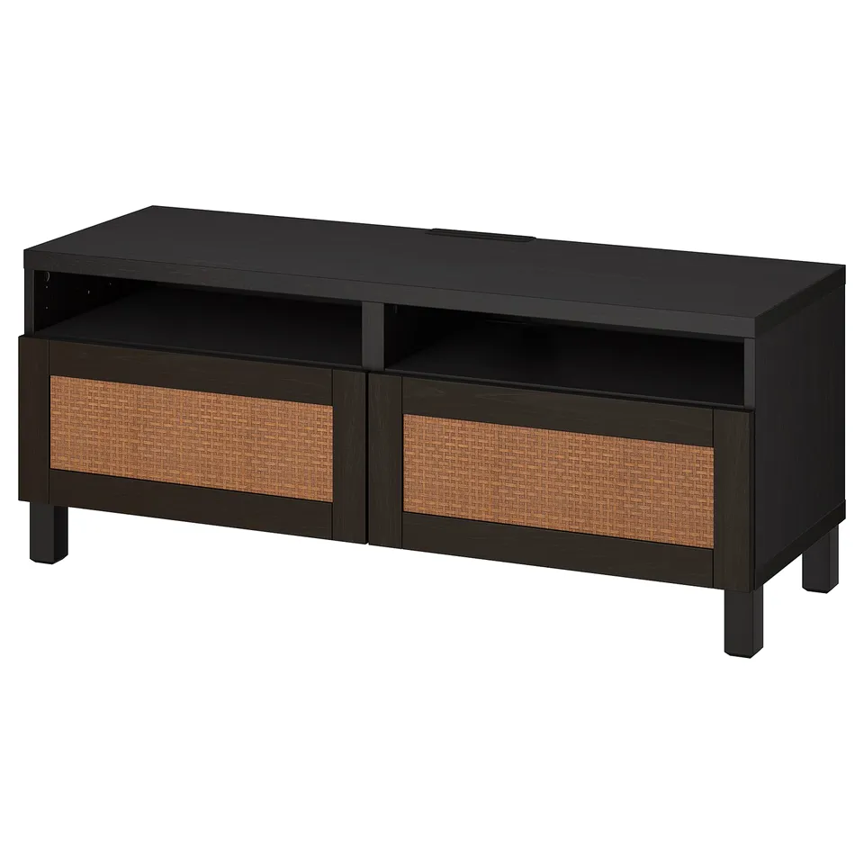 Black BESTÅ tv unit with wicker pans. Rectangular, four legs, top shelf, two drawers.