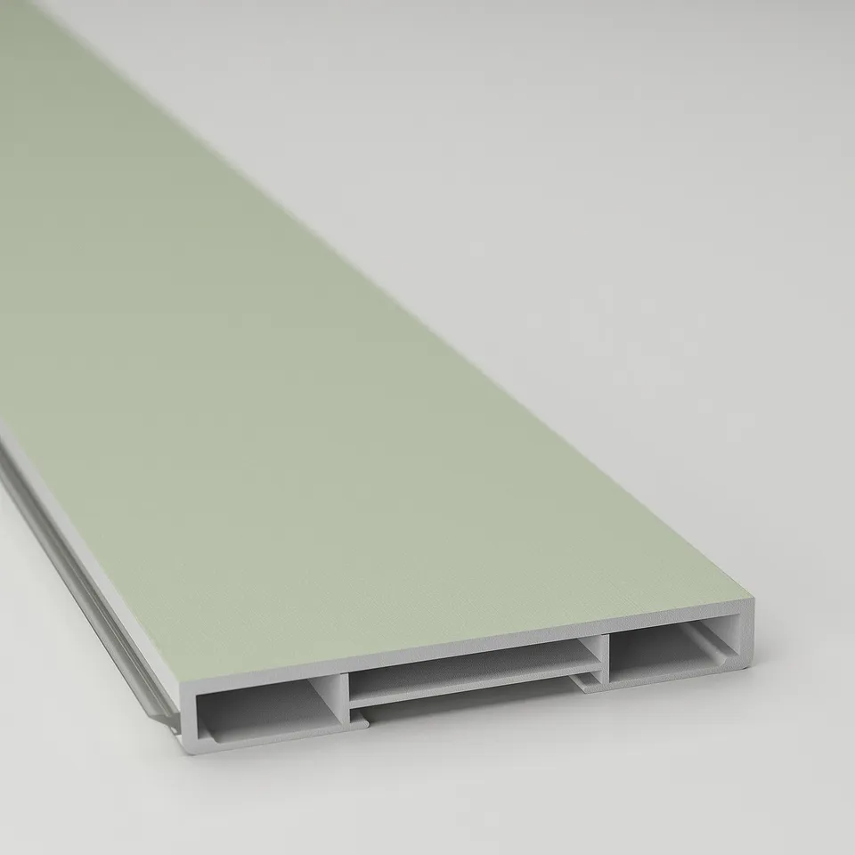 Light green kitchen plinth, sleek edge, durable material.