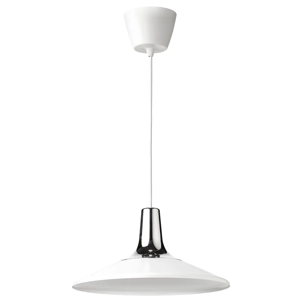 Modern white pendant lamp with glossy holder, round shade.
