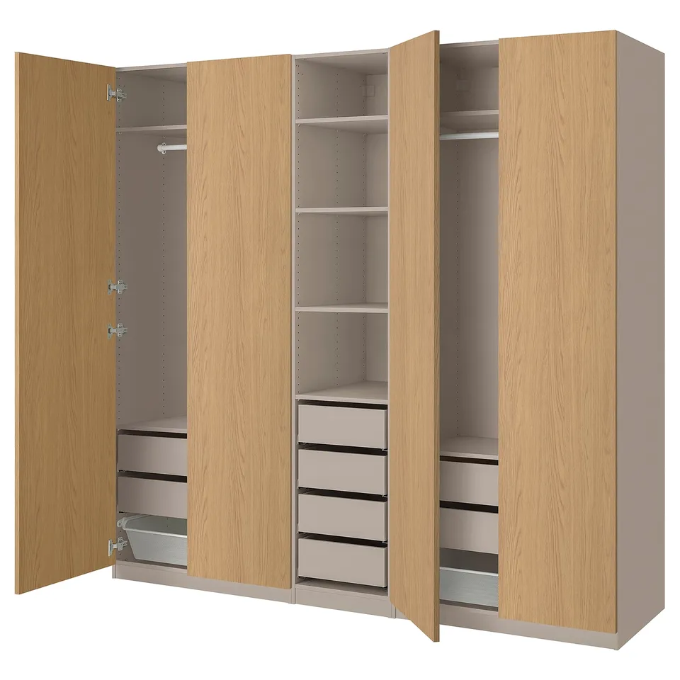 PAX beige wood wardrobe with drawers and shelves.