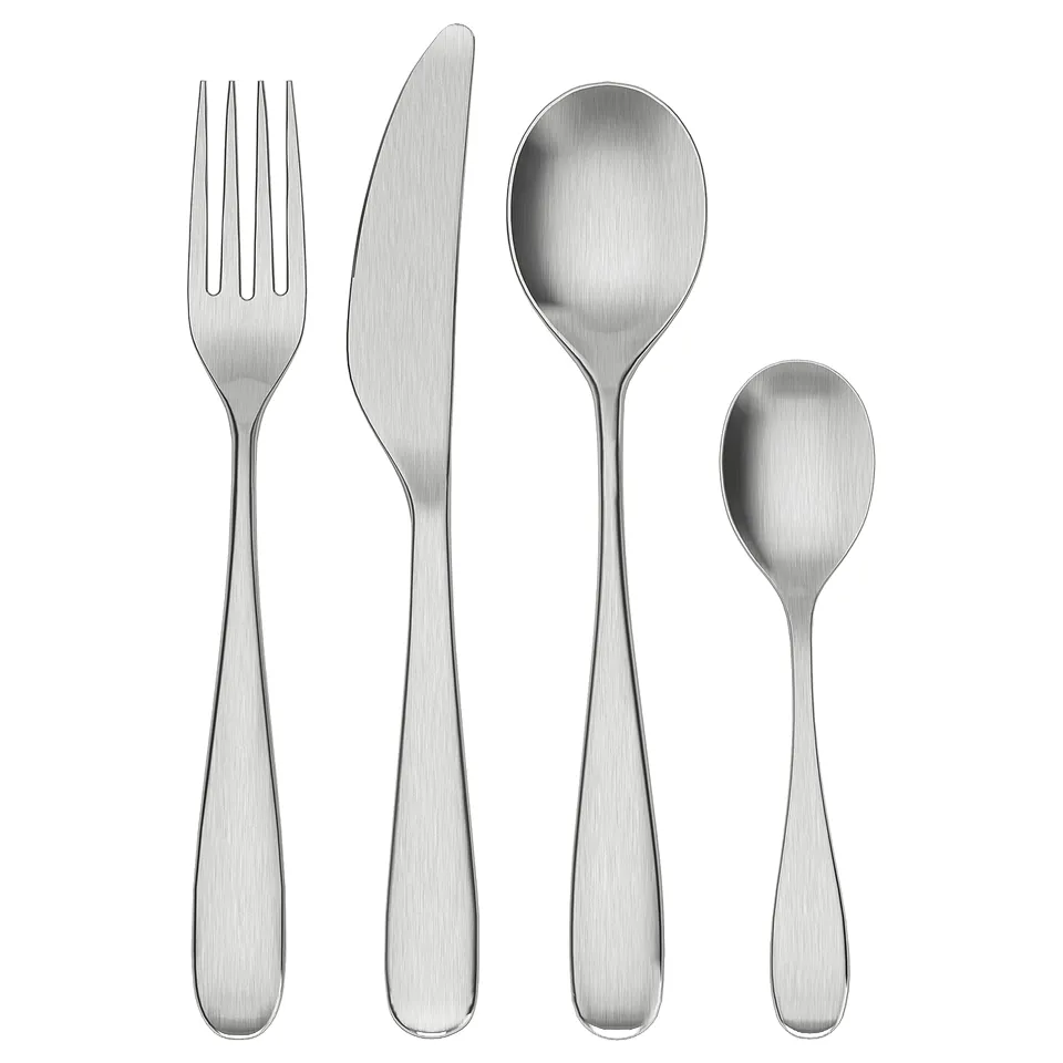 BEHAGFULL silver cutlery set: fork, knife, large and small spoons. Sleek, modern design, stainless steel, elegant and durable.