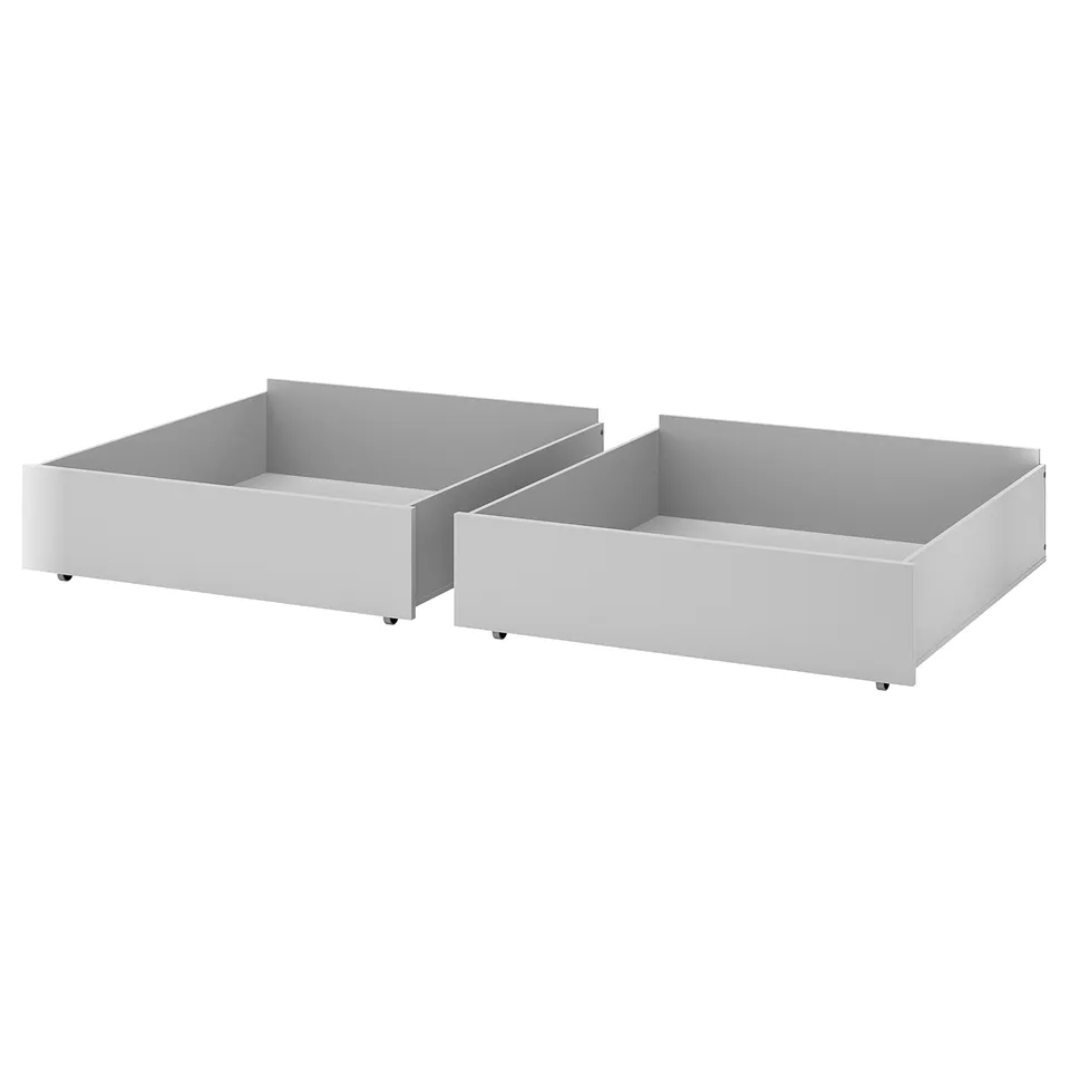 Two grey SMYGA bed storage drawers with wheels, designed to fit under beds for extra storage.
