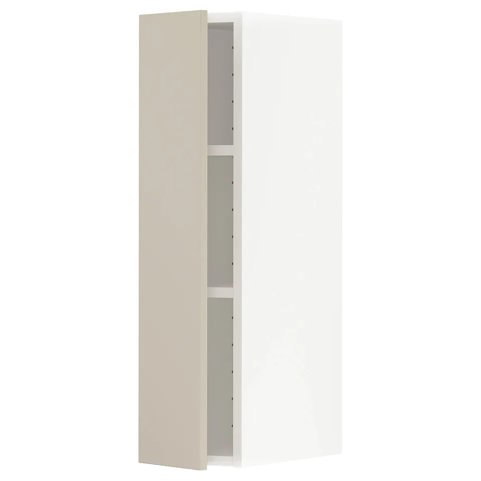 Kitchen cabinet open, white and beige.