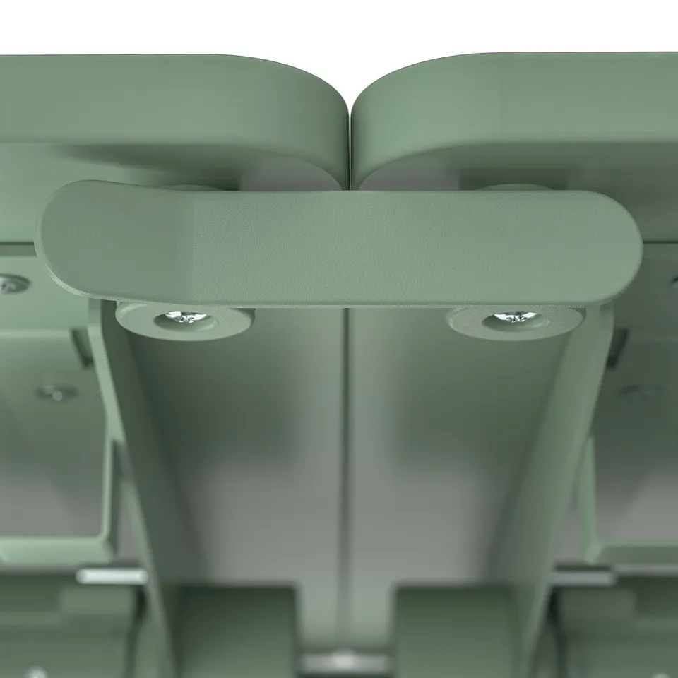A high-quality, green, foldable meeting table with sturdy construction and ergonomic design.