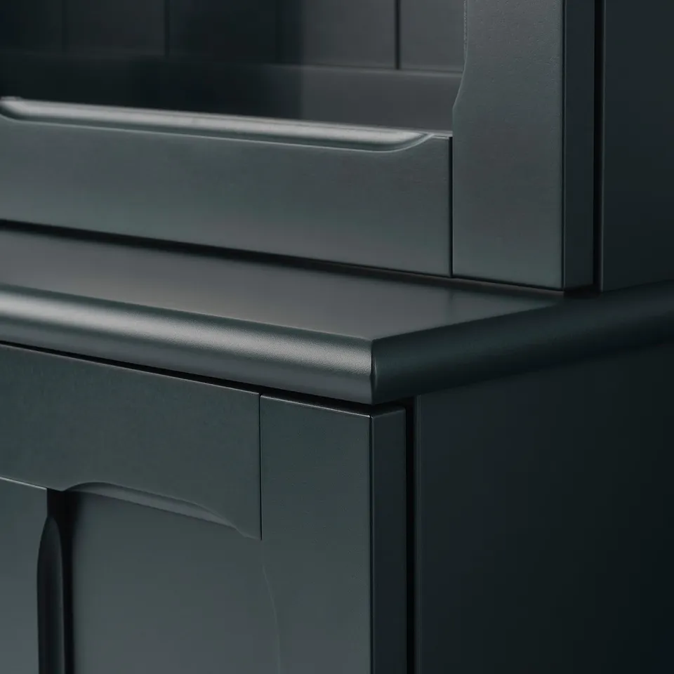 Modern cabinet with sleek black finish and tempered glass doors. Soft-close mechanism for smooth operation.