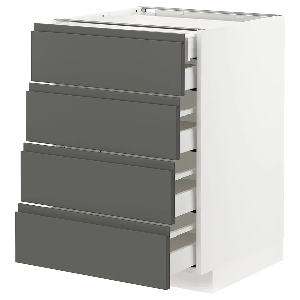 Modern kitchen unit: METOD with four grey drawers, sleek handles, and white base, designed for organised storage.