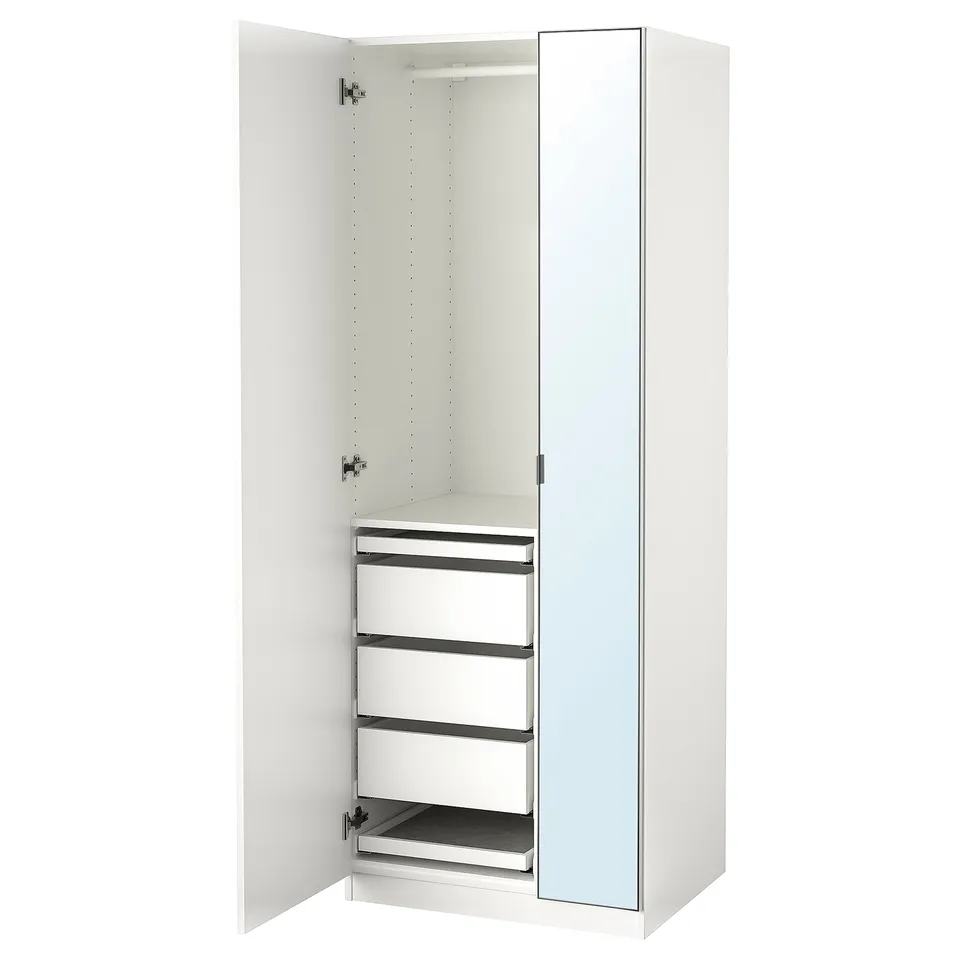 White PAX wardrobe with mirrored door, sleek design, three shelves, and drawer for storage.