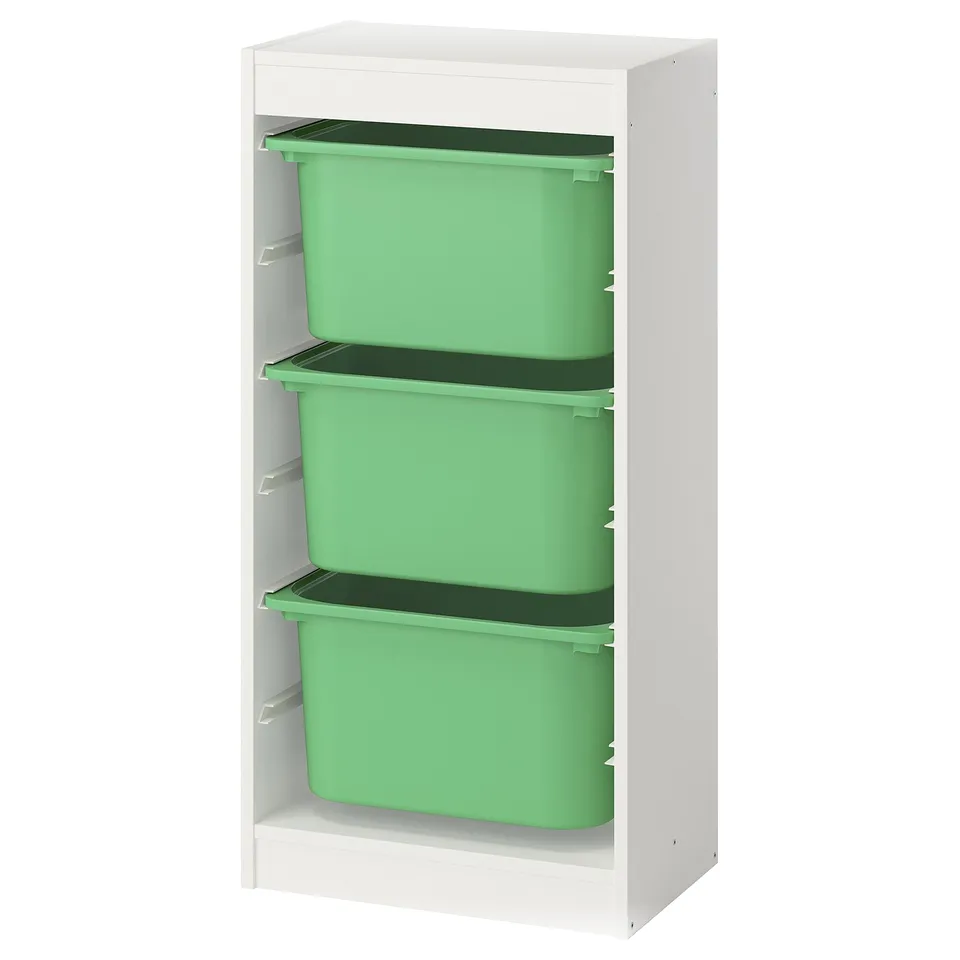 TROFAST storage unit with green plastic bins. Modern, square-shaped design for kids room organisation.