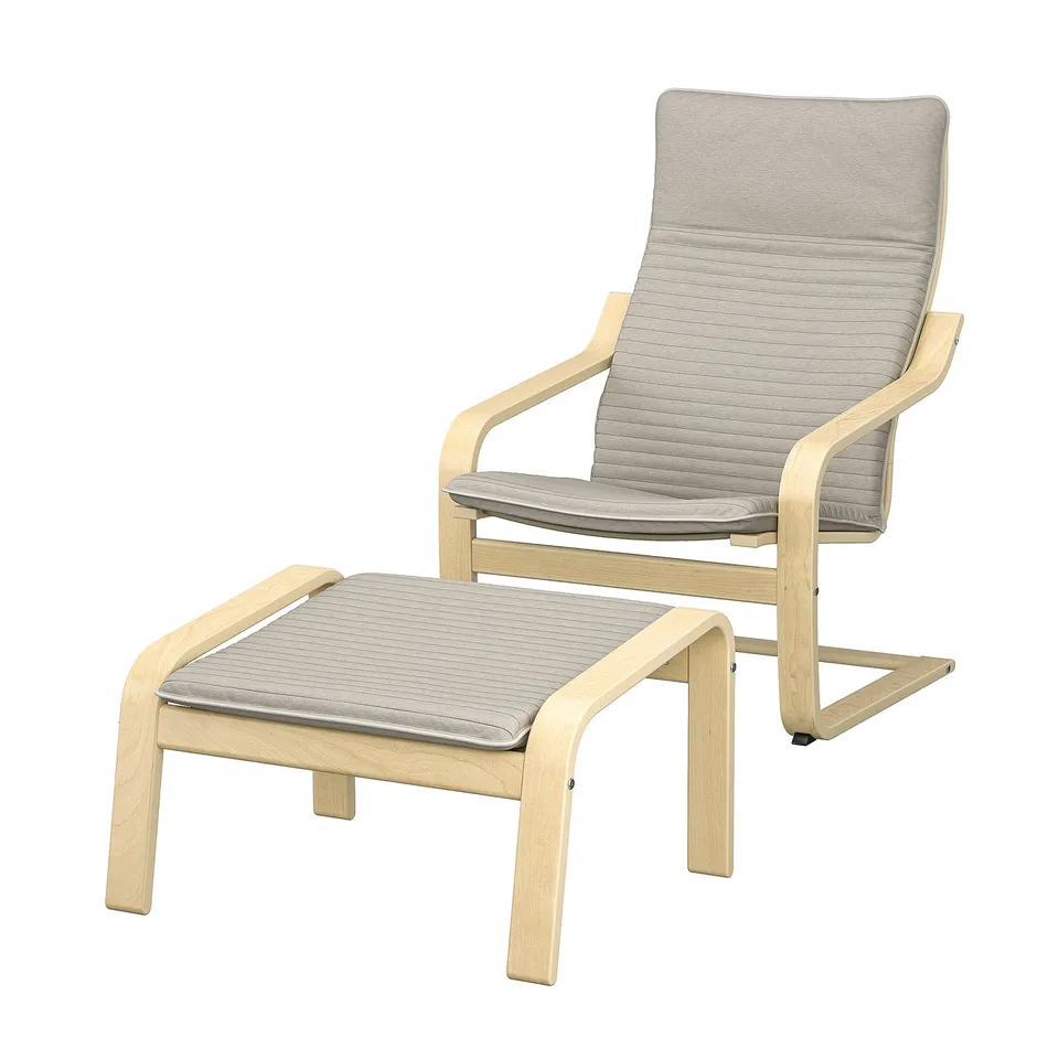 Modern reclined chair & ottoman, light wood & beige fabric, comfortable, nordic style.