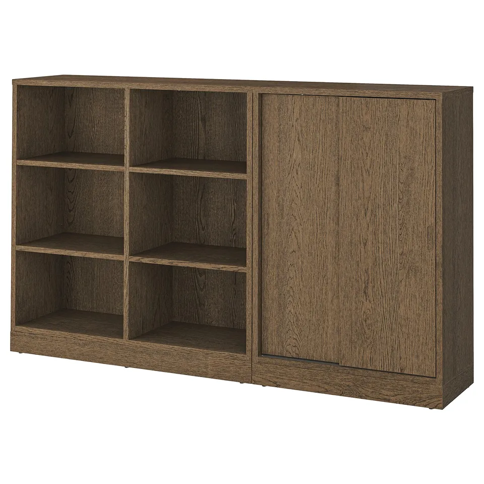 Dark brown wooden shelving unit with mix of open and closed storage, light oak design, rectangular shape.