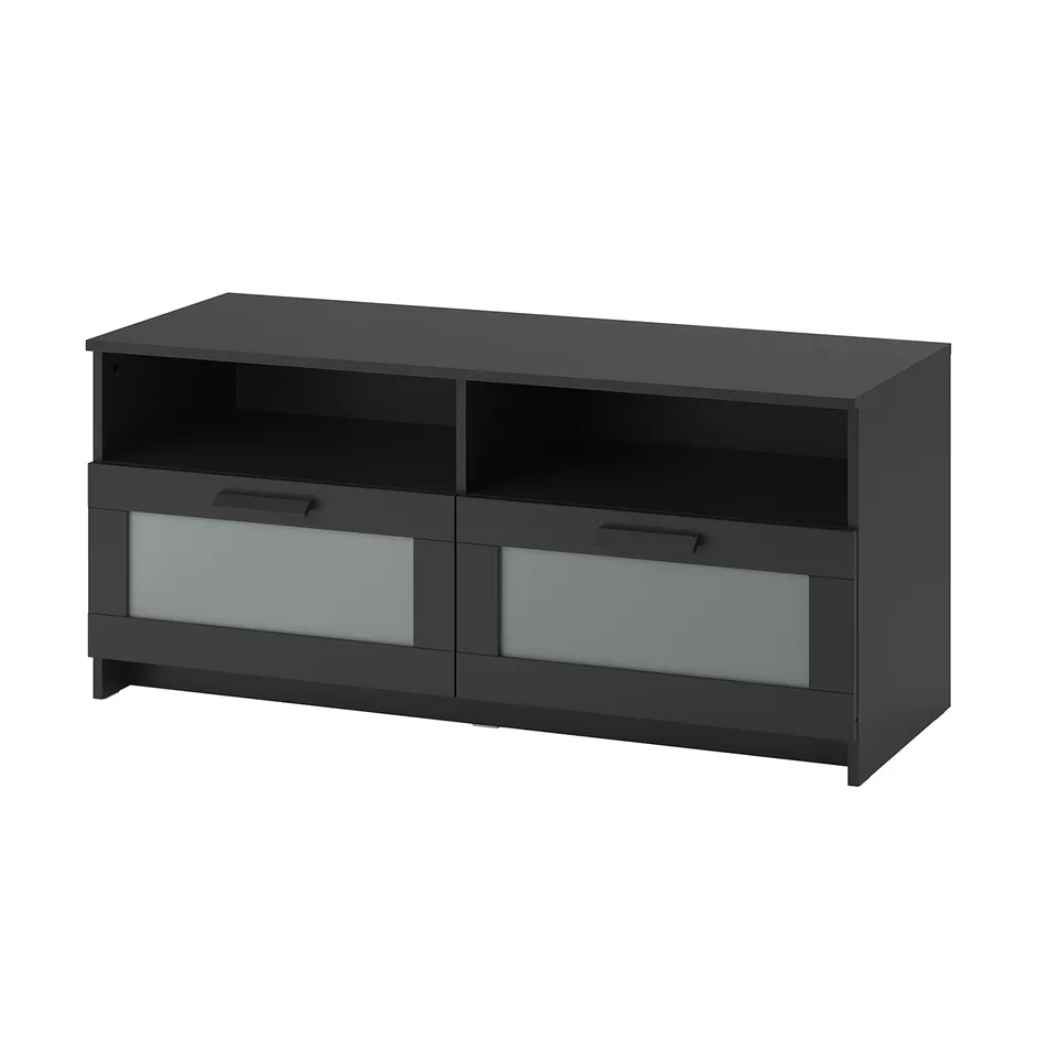 A black ikea BRIMNES tv stand with two drawers and open shelves. It a sleek, rectangular design with tempered glass drawer fronts.