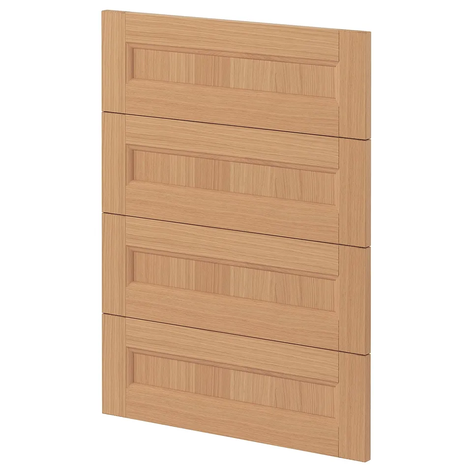 METOD oak cabinet front. Square, six-paneled design, light brown.