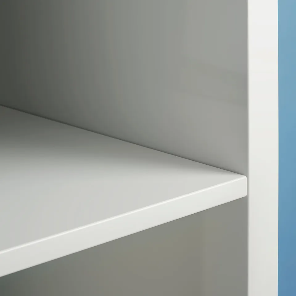 Ikea KALLAX white shelf, modern minimalist design, flat surface, light grey background.
