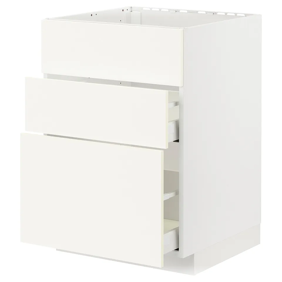 White METOD kitchen cabinet unit with smooth, modern design and three full-extension drawers.