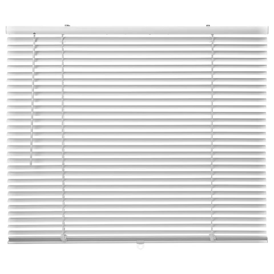 White venetian blinds, cordless, aluminium slats, control wand, rectangular.