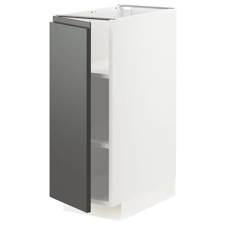 Modern kitchen cabinet, white with grey door, adjustable shelves, sleek handles.