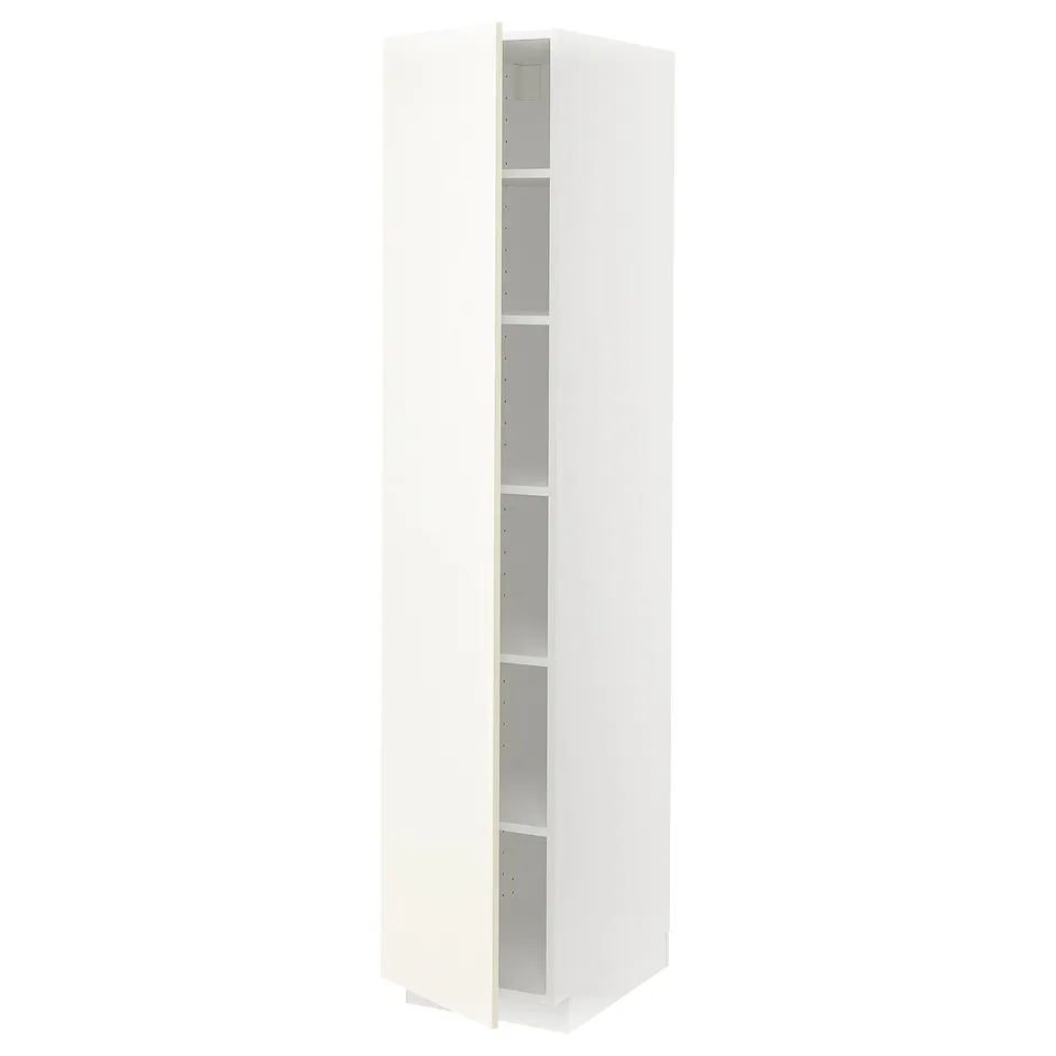 An ikea METOD white kitchen cabinet with adjustable shelves.